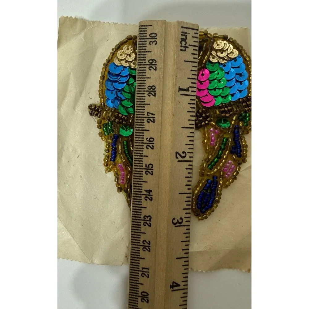 Vintage Style Beaded Sequin Parrot Bird Applique Patches Set of 2 Multi-Color